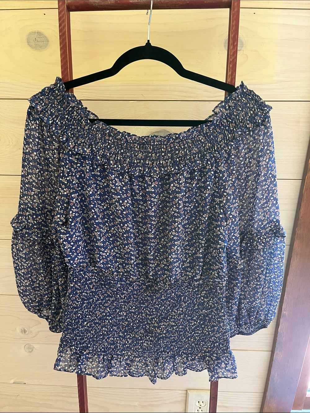 Max Studio Navy Blue Floral Off-Shoulder Smocked Blouse